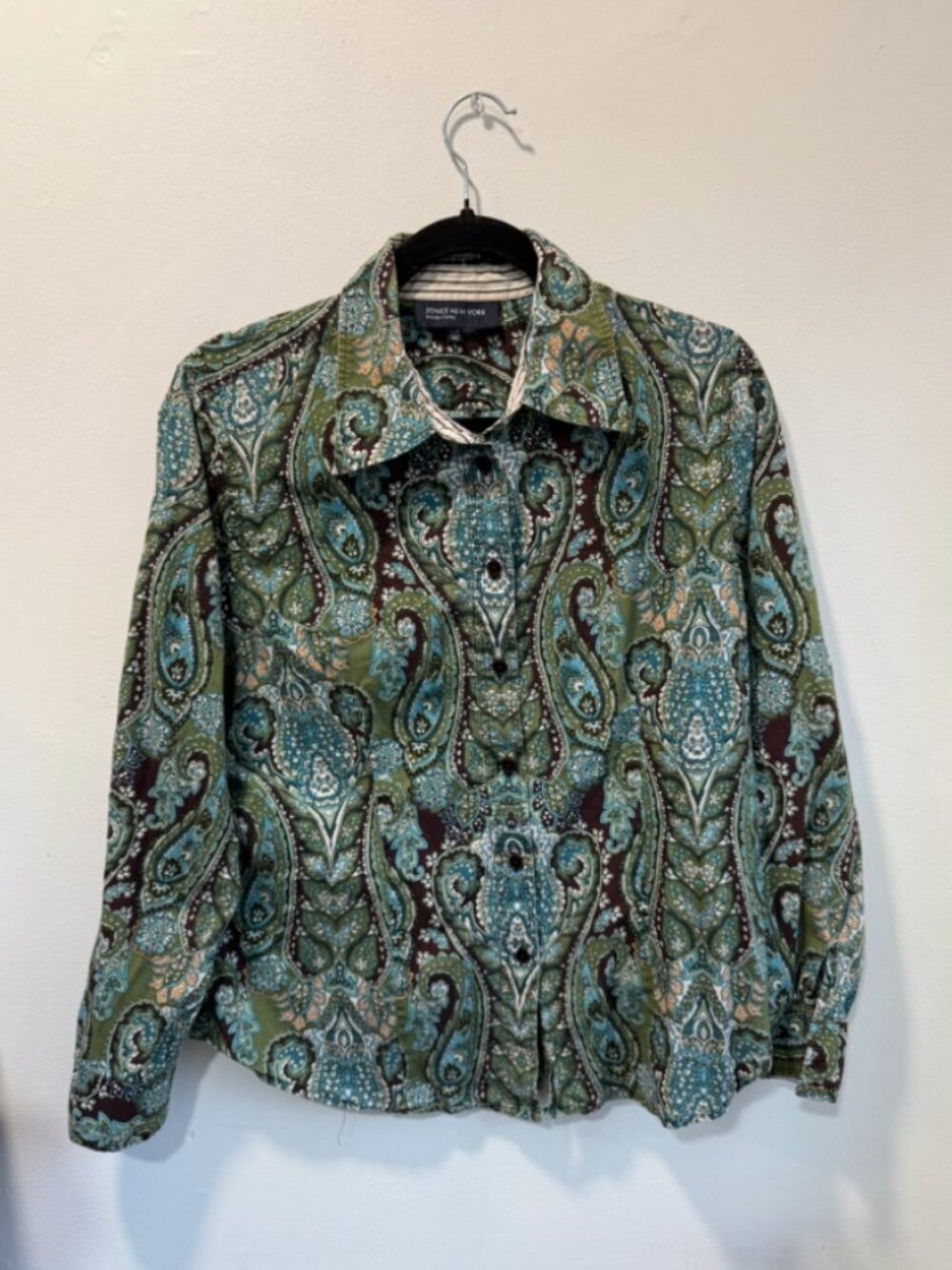 JONES NEW YORK Long Sleeve Blue/Brown Paisley Button Front Shirt (L)